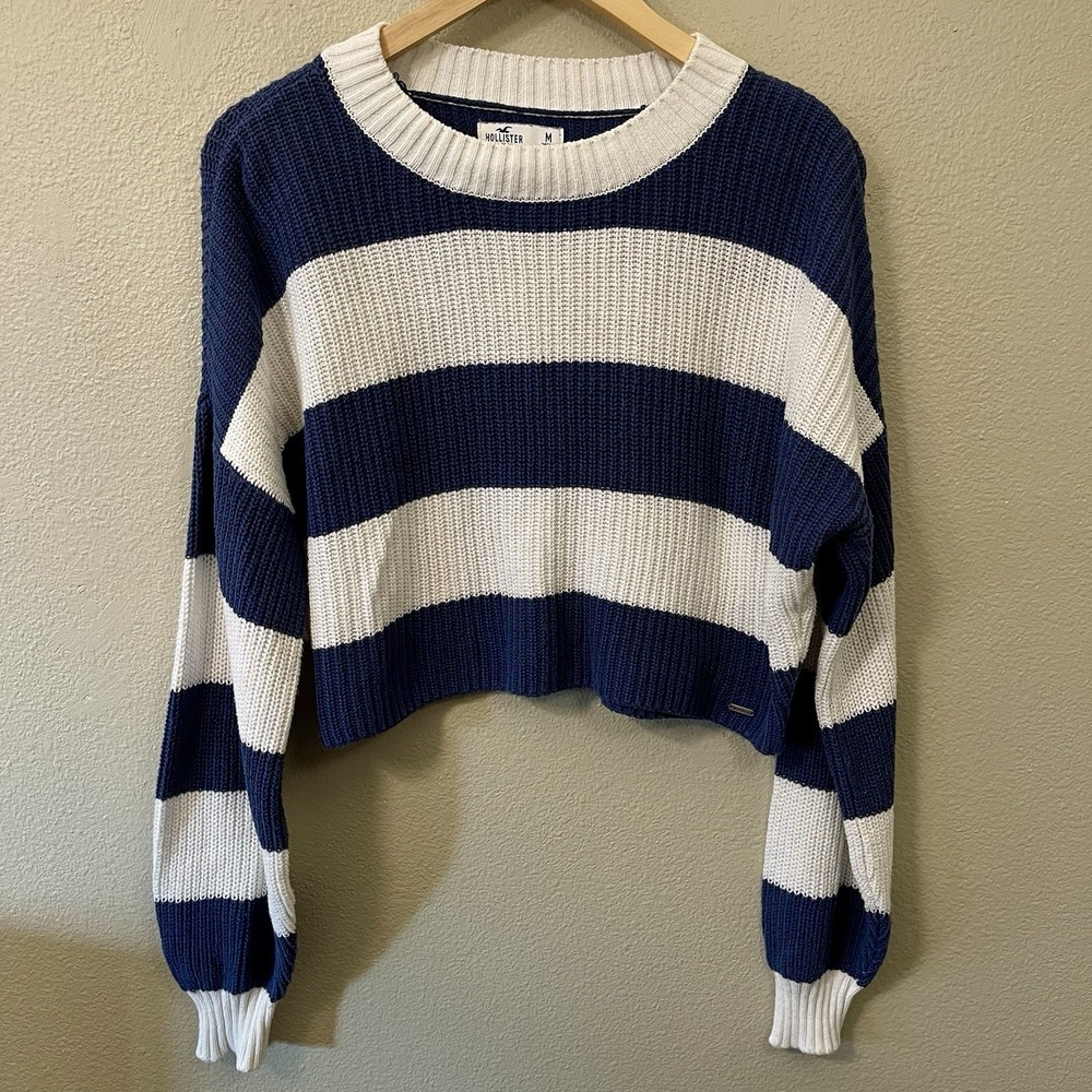 Hollister Cropped Oversized‎ Nautical Sweater Cotton Wide Stripe Blue White Sz M